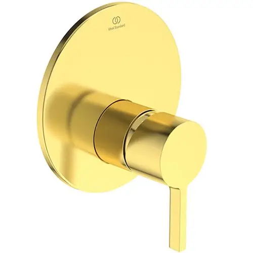 Brausearmatur in gebürstetem Gold mit runder Deckplatte und seitlichem Hebel, hergestellt von Ideal Standard.